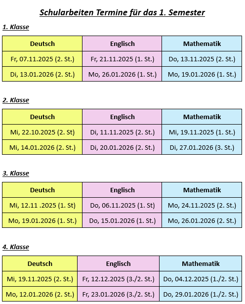 Schularbeitentermine Wintersemester